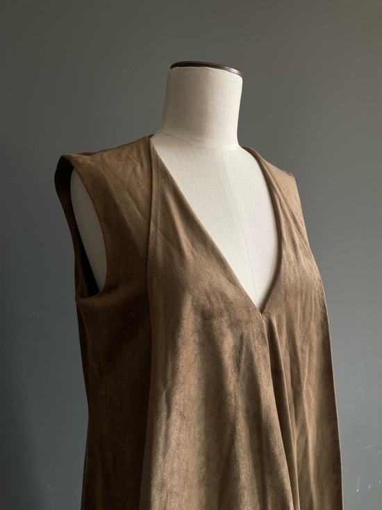 BCBG Draped Asymmetrical Dress Brown Suede Feel Minimalist Midi Modern Capsule - Picture 2 of 6